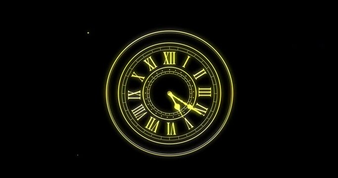 Animation of clock showing midnight and fireworks exploding on black background
