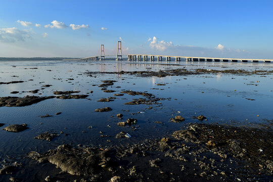 View of the Suramadu bridge which connects Madura Island and the city of Surabaya, East Java, Indonesia, which is the longest bridge in Indonesia