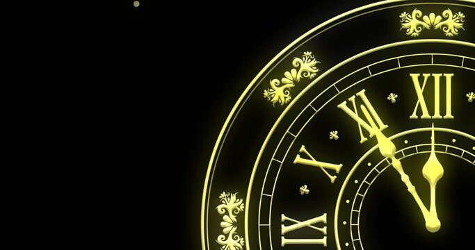 Animation of clock showing midnight and fireworks exploding on black background