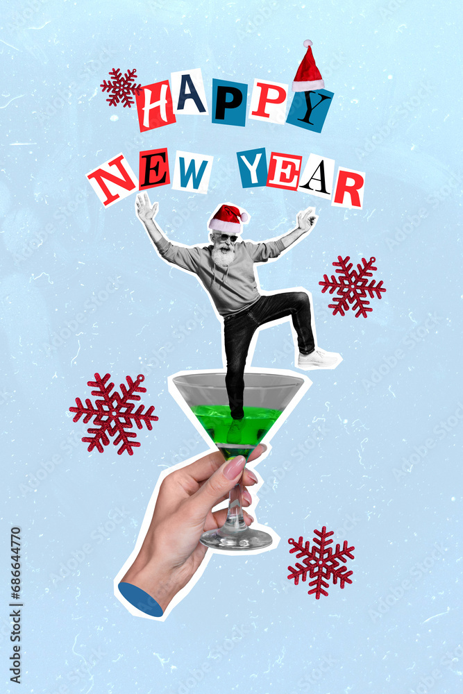 Sticker Retro 3d magazine collage image of positive carefree mature guy celebrating xmas isolated blue color background