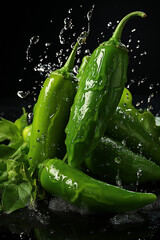 Green chili peppers in a splash of water on a dark background. Generative AI.