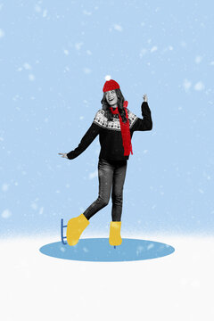 Collage sketch image of funky charming lady riding rising xmas skates frozen pond isolated blue white color background