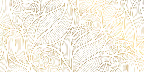 Vector abstract luxury background, gold line floral wallpaper, leaves texture. Golden botanical modern, art deco pattern, elegant foliage wavy ornament - obrazy, fototapety, plakaty