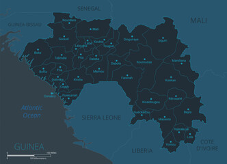 Guinea map. High detailed map of Guinea with countries, borders, cities, water objects. Vector illustration EPS10