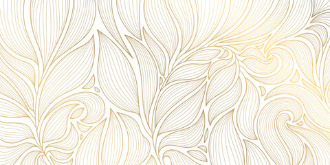 Vector abstract luxury background, gold line floral wallpaper, leaves texture. Golden botanical modern, art deco pattern, elegant foliage wavy ornament - 686645349