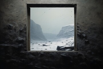 Empty abandoned room with a freezing cold snowstorm blizzard view outside of a snow covered valley and cliffs - harsh environment of loneliness with no living creature.
