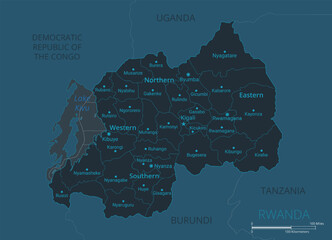 Rwanda map. High detailed map of Rwanda with countries, borders, cities, water objects. Vector illustration EPS10