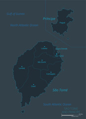 Sao tome and principe map. High detailed map of Sao tome and principe with countries, borders, cities, water objects. Vector illustration EPS10