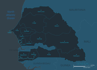 Senegal map. High detailed map of Senegal with countries, borders, cities, water objects. Vector illustration EPS10 - obrazy, fototapety, plakaty
