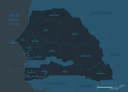 Senegal map. High detailed map of Senegal with countries, borders, cities, water objects. Vector illustration EPS10