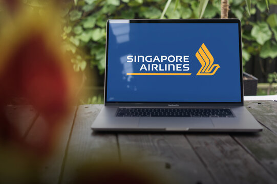 Singapore Airlines logo (SIA, SQ), flag carrier of the Republic of Singapore located at Singapore Changi Airport, displayed on MacBook Pro screen