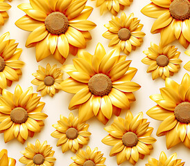 3D Gold Sunflowers Pattern on White Background