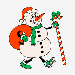 Retro style Funny cartoon snowman in Santa hat. Groovy vintage 70s snowman character with smile and thumbs up.