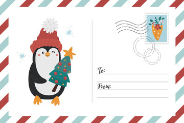 Christmas postcard banner with cute penguin.