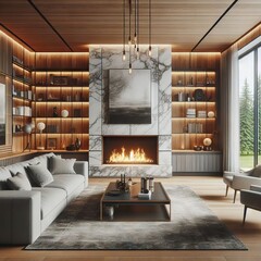 living room, marble wall fireplace and stylish bookcase to the ceiling in a chic expensive interior of a luxurious country house with a modern design with wood and led light, gray furniturу