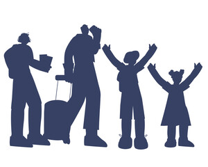 Traveling family with children black silhouettes, flat vector illustration isolated on a white background. Outline image of family of tourists for traveling and vacation concept.