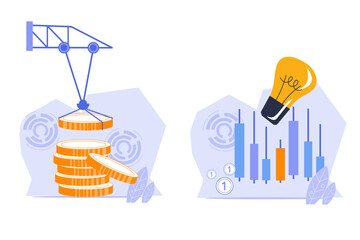Make money and growing business concept, flat vector illustrations set isolated on white background. Banners for finance, investment and development business concepts.