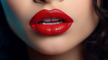 Lips Beauty Closeup, Woman Face Make Up and Red Lipstick Close Up.