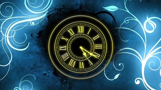 Animation of clock showing midnight and spots of light on floral background
