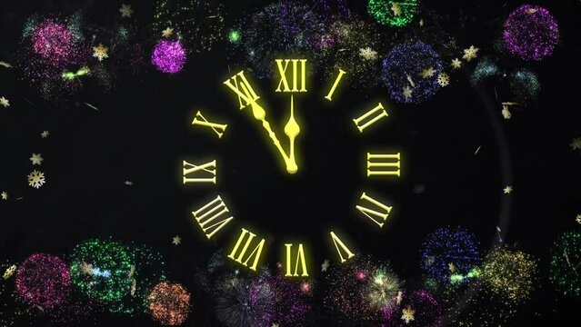 Animation of clock showing midnight and fireworks exploding on black background