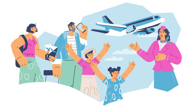 Family travel banner concept with people going to travel by plane during their vacation. Air travel and tourism. The flight attendant today invites passengers on journey, vector illustration isolated.