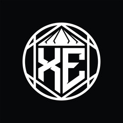 XE Letter Logo monogram hexagon slice crown sharp shield shape isolated circle abstract style design