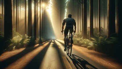 Cyclist Riding along Serene Forest Trail in Morning Sunlight Filtered through Pine Trees
