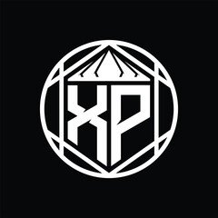 XP Letter Logo monogram hexagon slice crown sharp shield shape isolated circle abstract style design