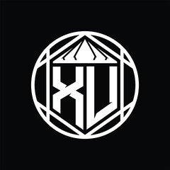 XU Letter Logo monogram hexagon slice crown sharp shield shape isolated circle abstract style design