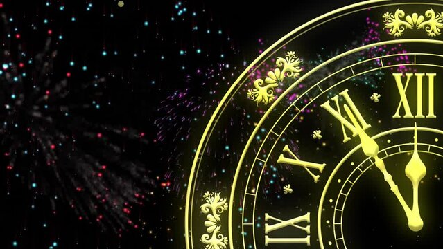 Animation of clock showing midnight and fireworks exploding on black background