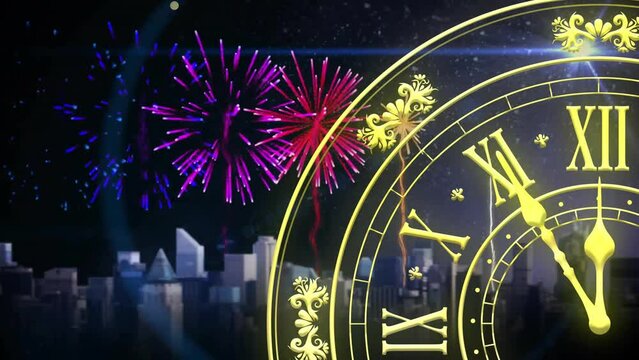 Animation of clock showing midnight and fireworks exploding on black background