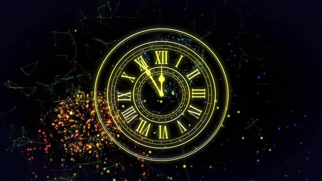 Animation of clock showing midnight and fireworks exploding on black background
