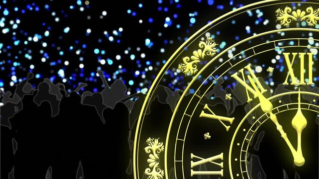 Animation of clock showing midnight, people dancing and fireworks exploding on black background