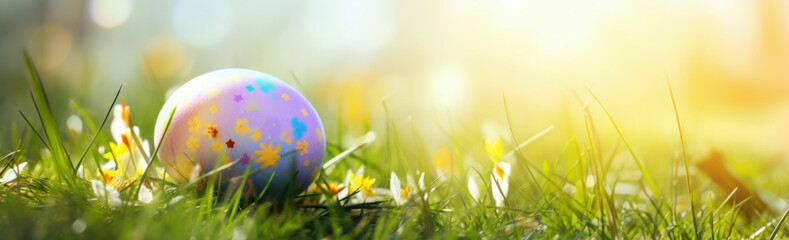 Nest with easter eggs in grass on a sunny spring day - Easter decoration, banner, panorama,...
