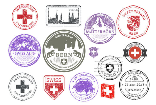 Switzerland shabby rubber stamp set, swiss cities and Alps badges, labels and symbols, emblems and flags, vector