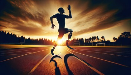 An athlete with blade prosthetic in the middle of a stride on an outdoor running track during sunset