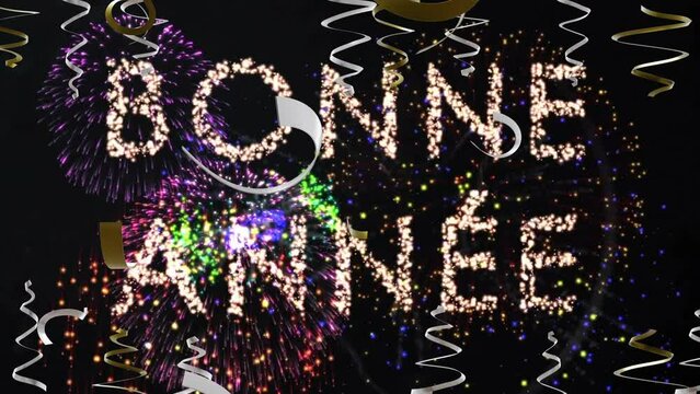 Animation of bonne annee text and fireworks on black background