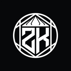 ZK Letter Logo monogram hexagon slice crown sharp shield shape isolated circle abstract style design