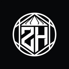 ZH Letter Logo monogram hexagon slice crown sharp shield shape isolated circle abstract style design