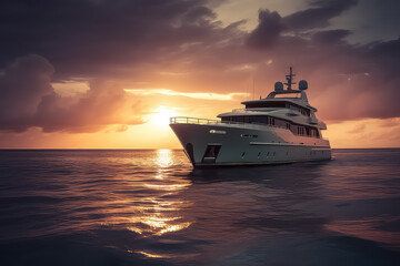 Concept of travel vacation and vessel trip. luxury yacht sailing on ocean, tropical island on background, AI