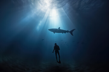 a diver swims with a shark in the maldives in the depths of the ocean, AI