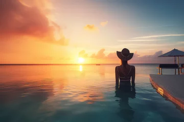 Crédence de cuisine en verre imprimé Bora Bora, Polynésie française Woman relaxing in infinity swimming pool, AI