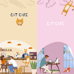 Vertical banner, vector illustration, cartoon cat cafe characters, pet friendly cat, small business graphic, customer and barista.
People eat and talk together with a dog and a cat in a cafe.