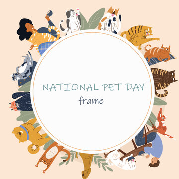Round vector frame, background, template, vector illustration, cartoon international cat day characters. Cheerful characters of people and cats.