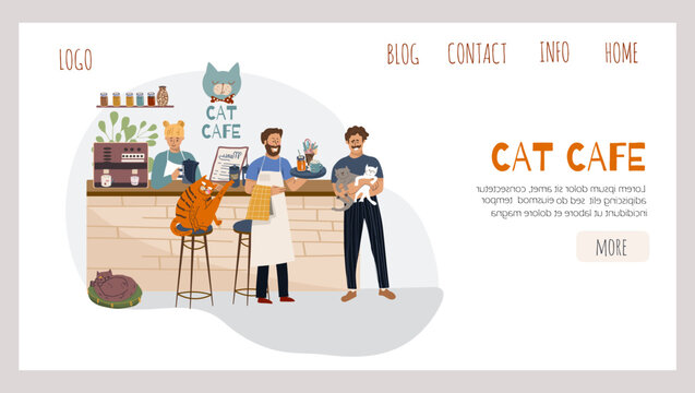 Vector concept landing page horizontal banner cat cafe - small business graphic - customer and barista. Modern flat vector. 
Concept illustration - guy working on laptop in cat cafe.