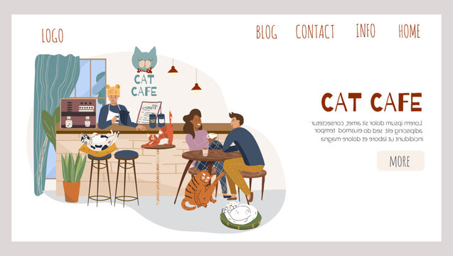 Vector concept landing page horizontal banner cat cafe - small business graphic - customer and barista. Modern flat vector. 
Concept illustration - guy working on laptop in cat cafe.