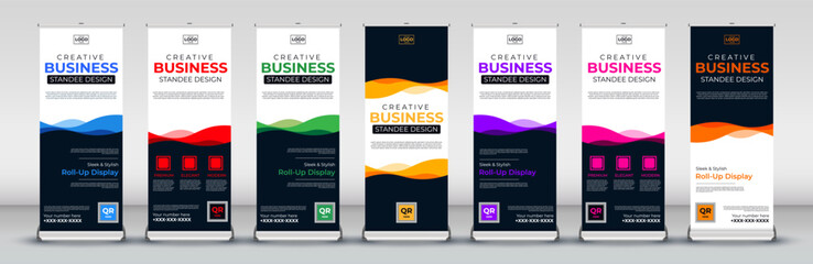 Creative abstract vertical Modern business roll up Banner Design for meetings, Street Business, presentations, annual events, events, exhibitions in red, blue, orange, purple, green, pink and yellow