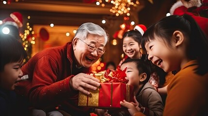 Obraz na płótnie Canvas big family grandma grandpa dad mom children open gift boxes in new year celebration