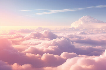 Fototapeta premium Beautiful pastel sky form above view over fluffy clouds and sunset scene, Vanilla sky, abstract background.