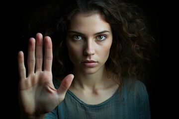 Portrait of a woman with her hand raised suggesting Stop. Domestic violence against women or women's empowerment theme - obrazy, fototapety, plakaty